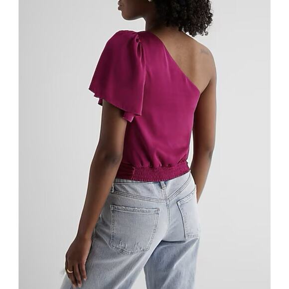 Express Women's Satin One Shoulder Tie Waist Top Bright Pink Size XS - NWT $64 - Picture 3 of 16